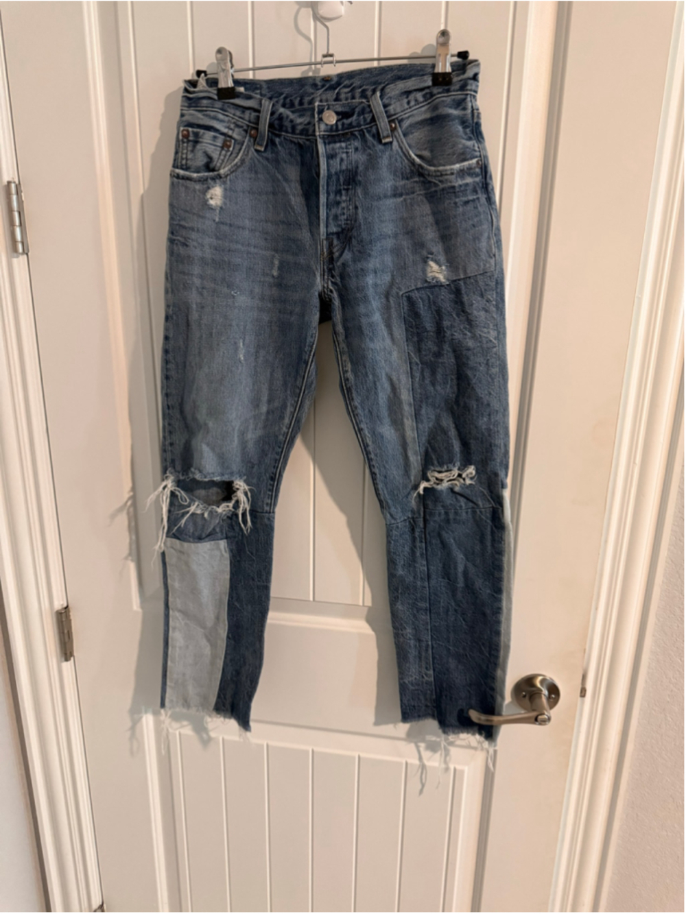 Levi’s 501 Distressed Patchwork Jeans W25 L27 Blue Denim Raw Hem